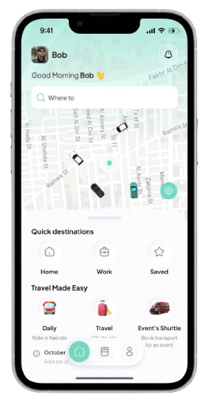 Manara app home screen with live van tracking